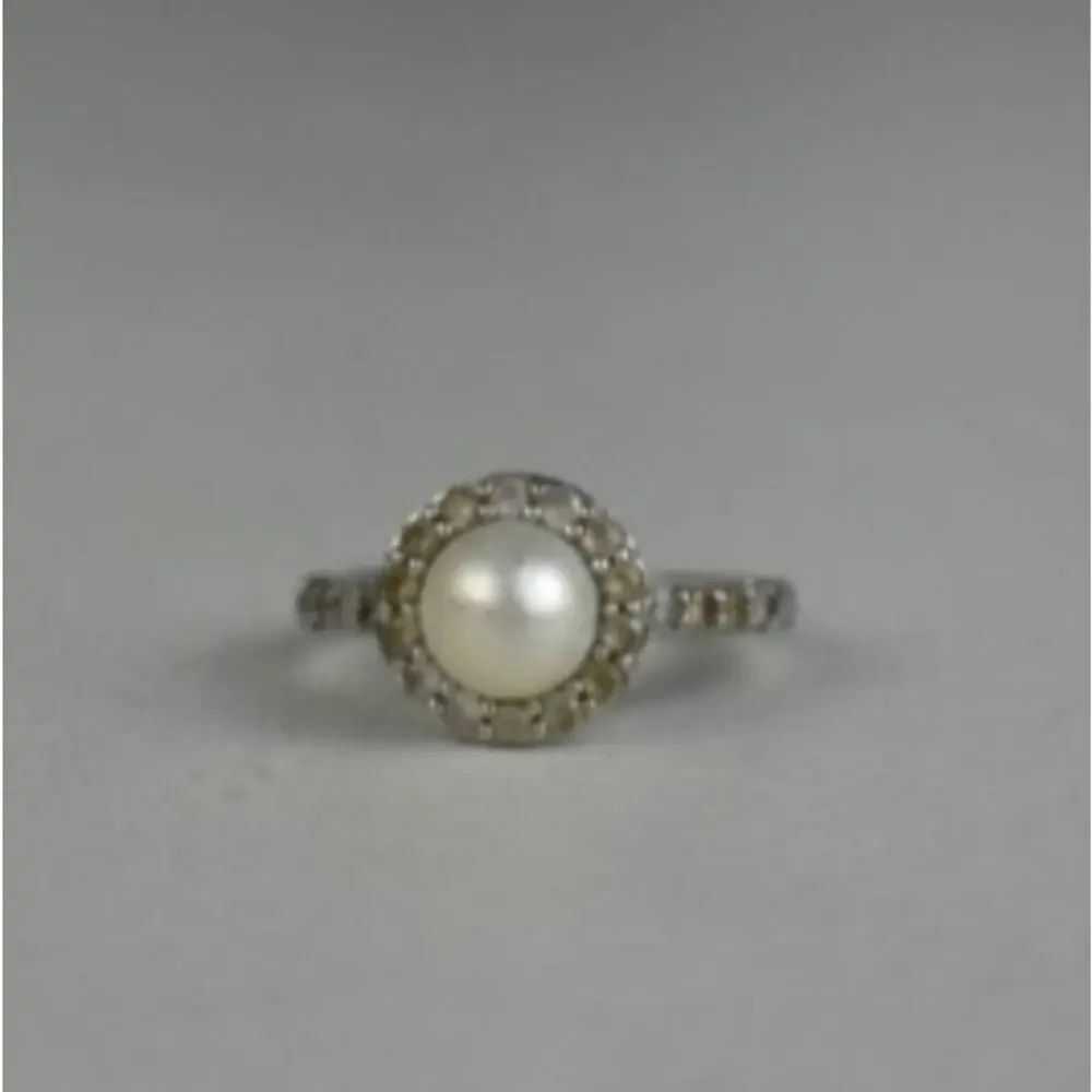 925 Sterling Silver Pearl & Colorless Spinel Ring Size 7